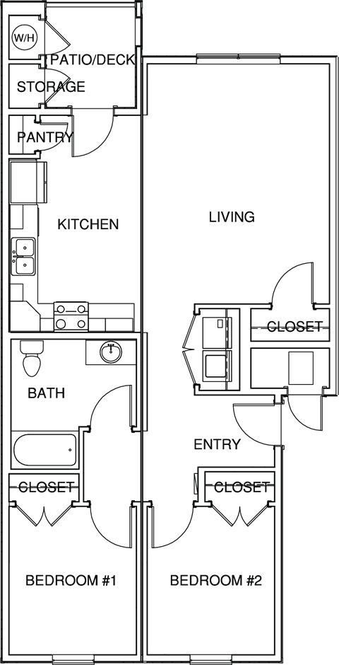 Floor plan for 2 beds, 1 bath, 877 sqft